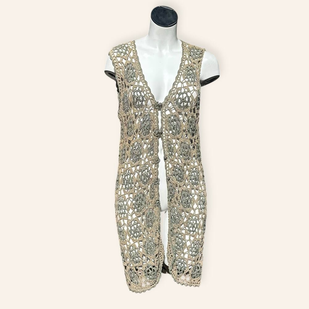 Vtg olive, green and beige crocheted vest size Medium